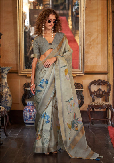 Indyancart GR Women's Queen Dark Grey Banarasi Digital Soft Silk Saree