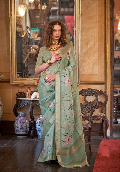Indyancart GR Women's Queen Green Banarasi Digital Soft Silk Saree