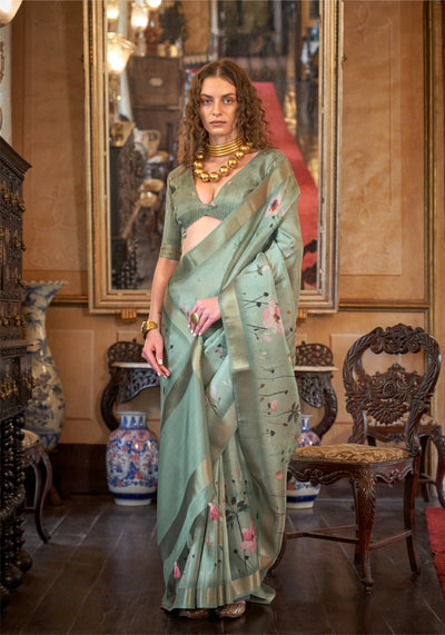 Indyancart GR Women's Queen Green Banarasi Digital Soft Silk Saree