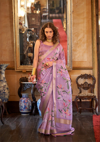 Indyancart GR Women's Queen Lavender Banarasi Digital Soft Silk Saree