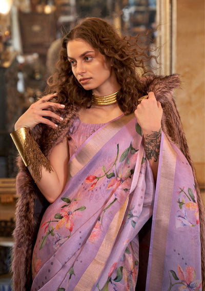 Indyancart GR Women's Queen Lavender Banarasi Digital Soft Silk Saree