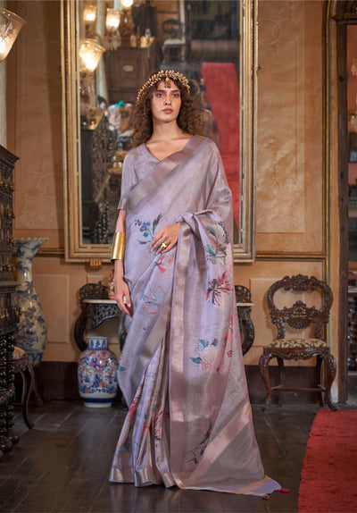Indyancart GR Women's Queen Lilac Purple Banarasi Digital Soft Silk Saree