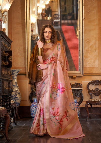 Indyancart GR Women's Queen Peach Banarasi Digital Soft Silk Saree