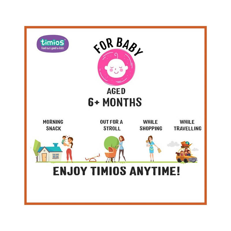 Timios Organic Rice Moong Dal Porridge for babies, showing a bowl of creamy yellow baby cereal with rice and moong dal.