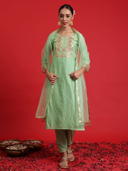 Indyancart IE Women Floral Embroidered Regular Thread Work Chanderi Silk Kurta with Trousers & With Dupatta
