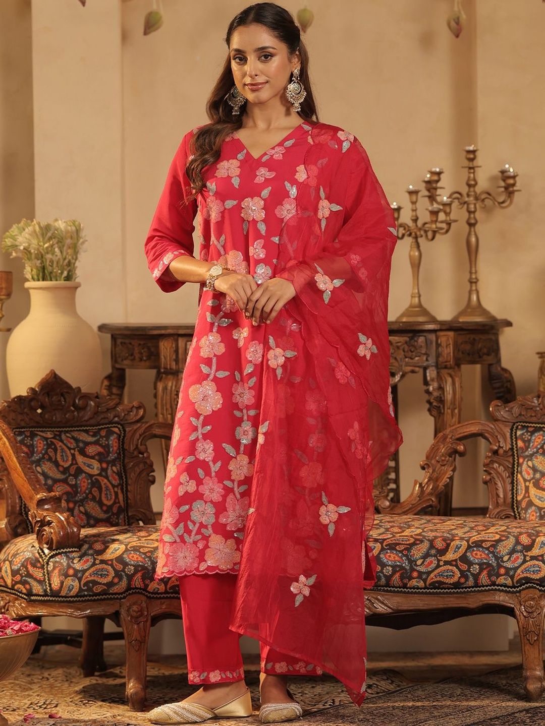 Women Floral Embroidered Regular Sequinned Straight Kurta with Trousers & Dupatta