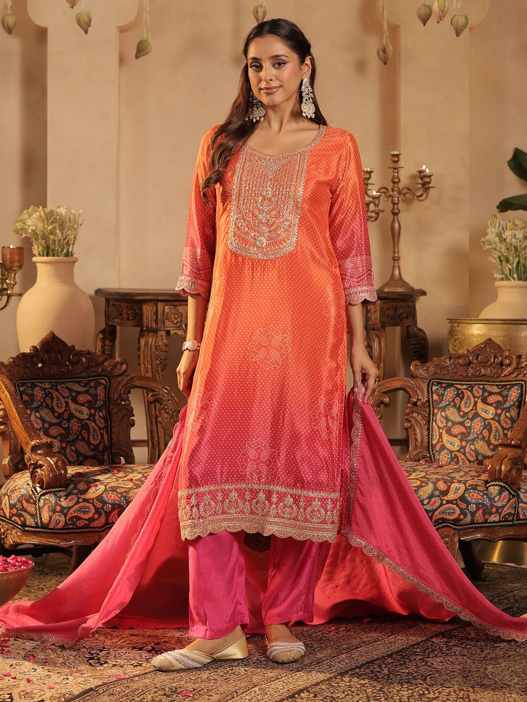 Bandhani Printed Straight Sequinned Kurta With Trousers & Dupatta
