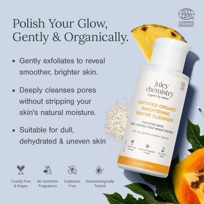 Juicy Chemistry Certified Organic Brightening Enzyme Cleanser bottle with label and open cap, showcasing natural skincare product.