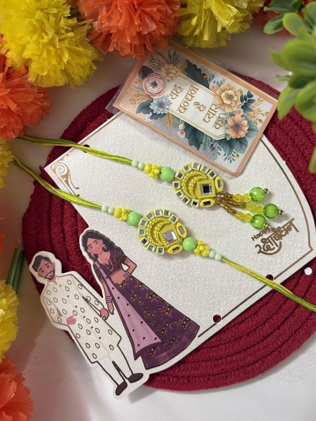 Anouk Set Of 2 Artificial Beads Mirror Work Bhaiya Bhabhi Rakhi With Roli Chawal Chandan