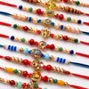 Dhiyona Set Of 10 Artificial Stones & Beads Thread Rakhi With Roli Chawal Chandan Mishri