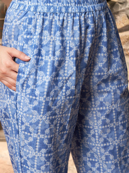 Indyancart SN Women's Blue Bandhani Printed V Neck Pure Cotton Anarkali Kurta With Trouser And Dupatta