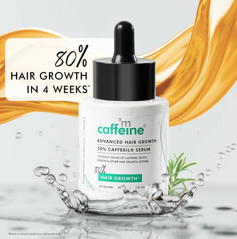 mCaffeine Advanced Hair Growth Serum with 20% Caffexil and rosemary, showing the serum bottle and herbal ingredients.