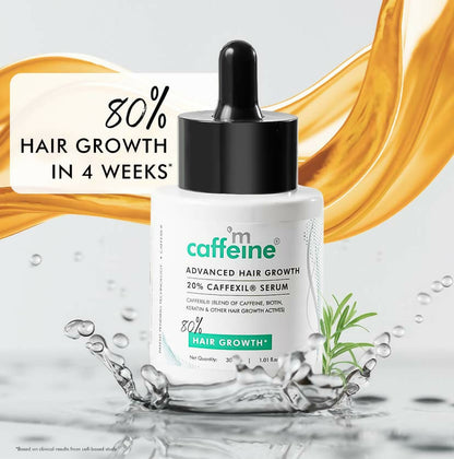 mCaffeine Advanced Hair Growth Serum with 20% Caffexil and rosemary, showing the serum bottle and herbal ingredients.