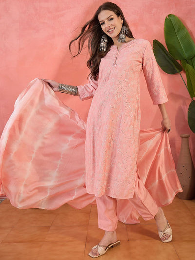 Indyancart SN Women's Floral Embroidered Notch Neck Thread Work Straight Kurta With Trouser And Dupatta