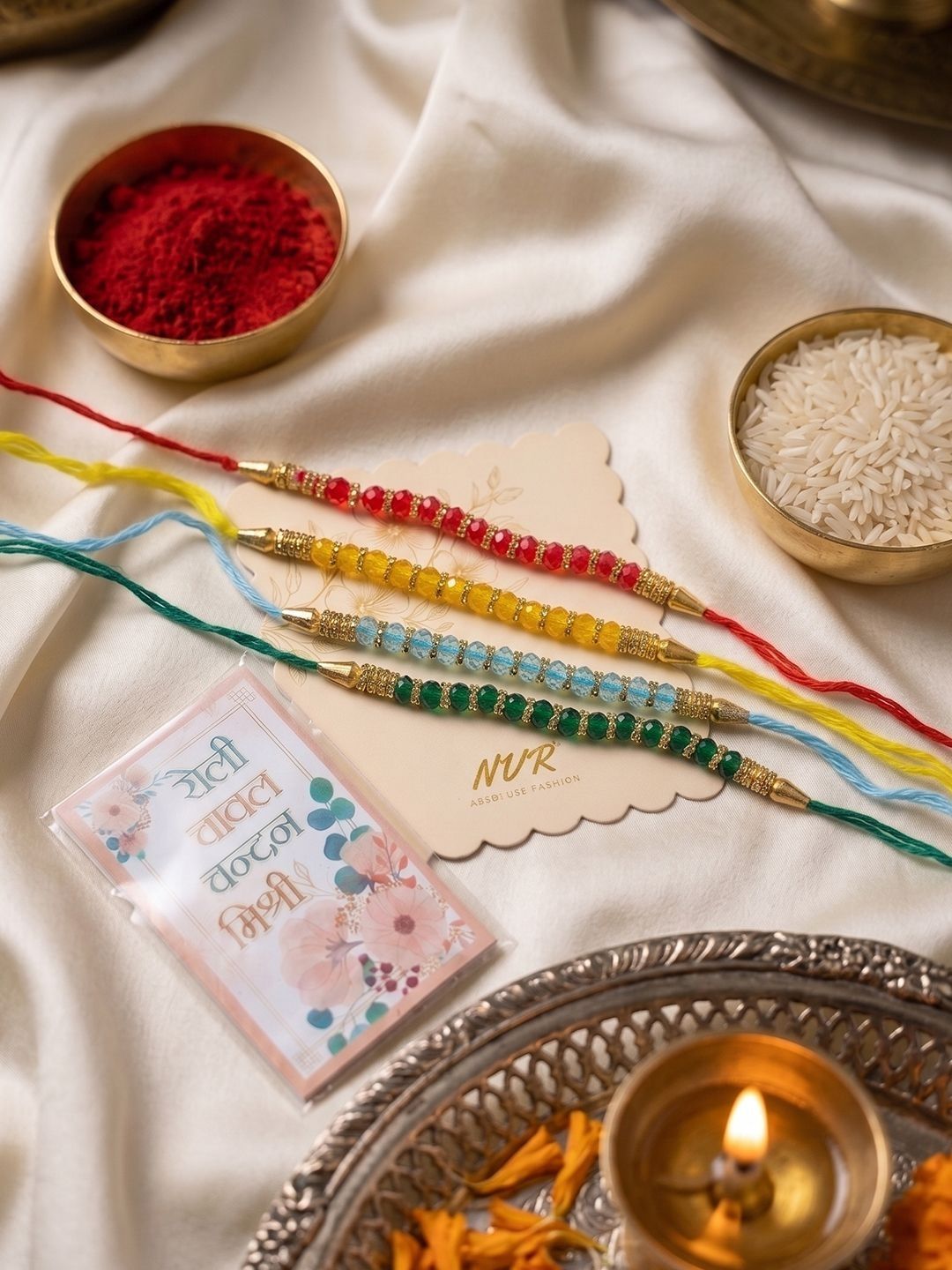 Anouk Set Of 4 Multicolor Artificial Beads Thread Rakhi With Roli Chawal Chandan Mishri