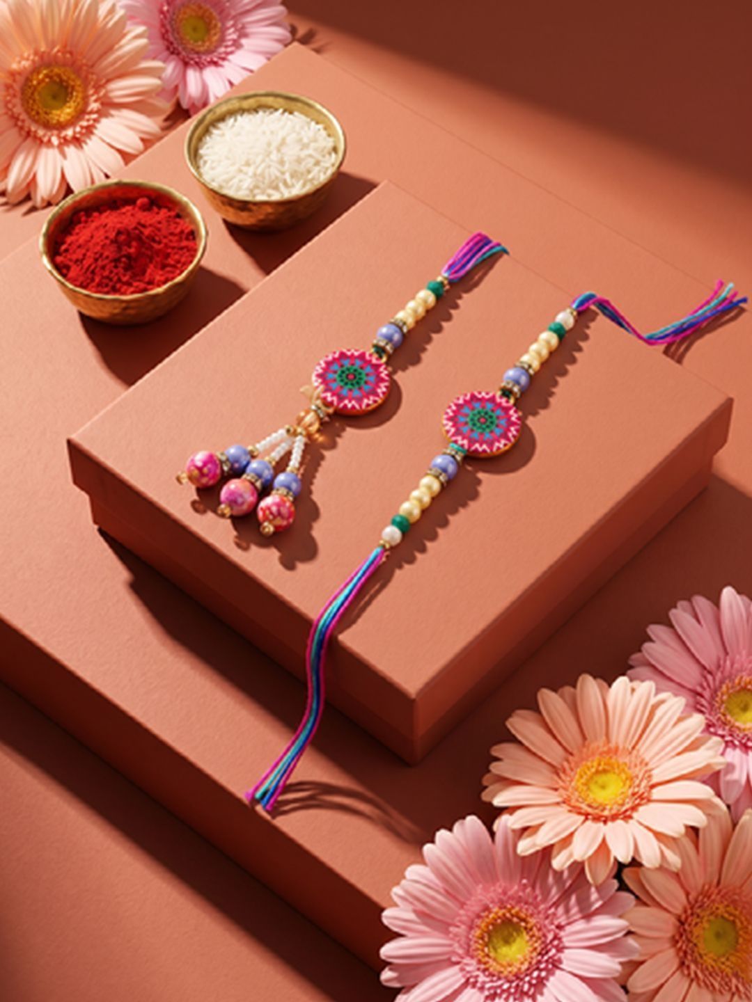 Anouk Set Of 2 Artificial Stones & Beads Floral Design Bhaiya Bhabhi Rakhi