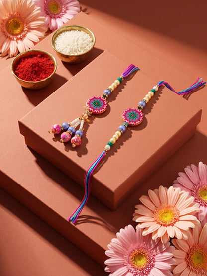 Anouk Set Of 2 Artificial Stones & Beads Floral Design Bhaiya Bhabhi Rakhi
