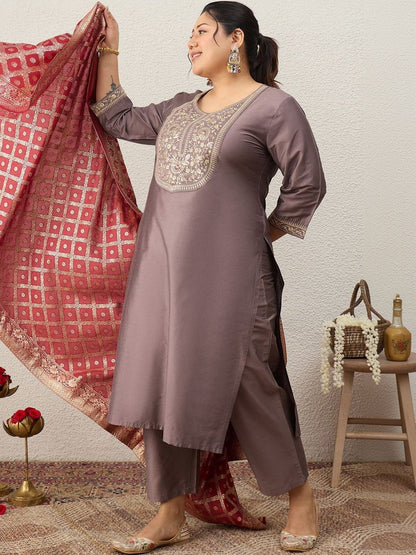 Indyancart Women's Ethnic Motifs Embroidered Regular Kurta with Trousers & With Dupatta