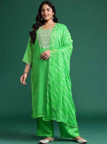 Indyancart Women's Leheriya Printed Regular Thread Work Kurta with Trousers & With Dupatta