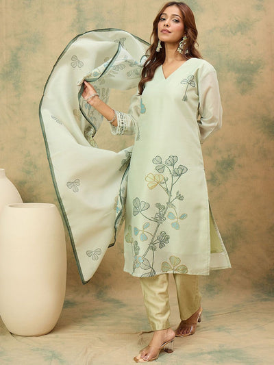 Indyancart VA Women'sFloral Printed V-Neck Chanderi Silk Kurta With Trousers & Dupatta