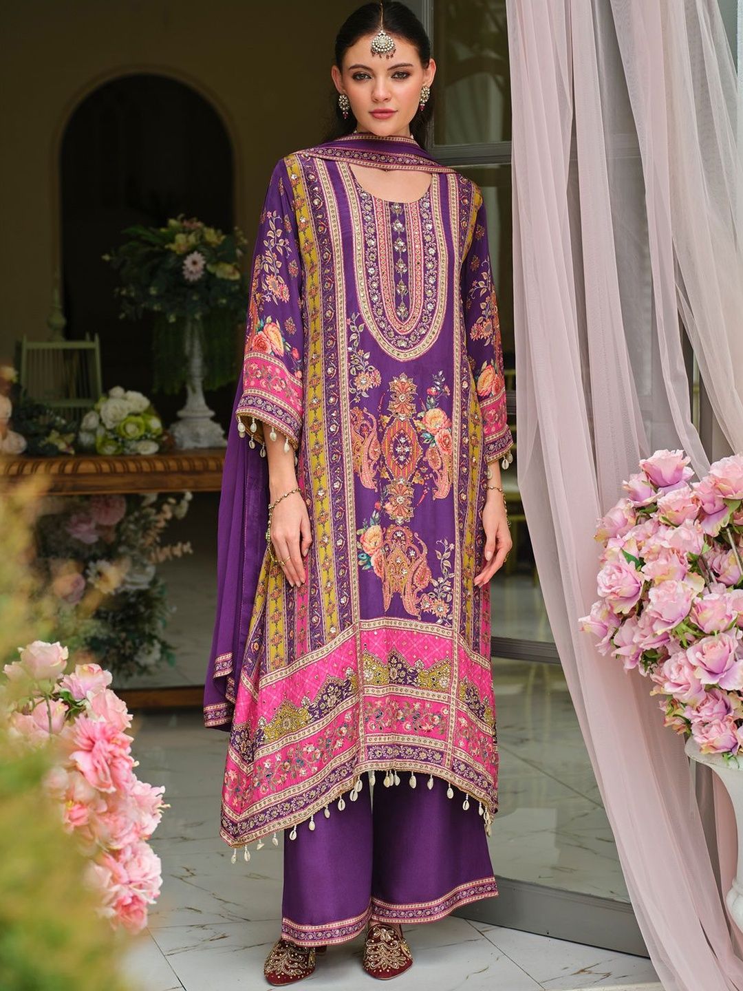 Indyancart IE Ethnic Motifs Printed Round Neck Mirror Work Silk Kurta With Palazzos & Dupatta