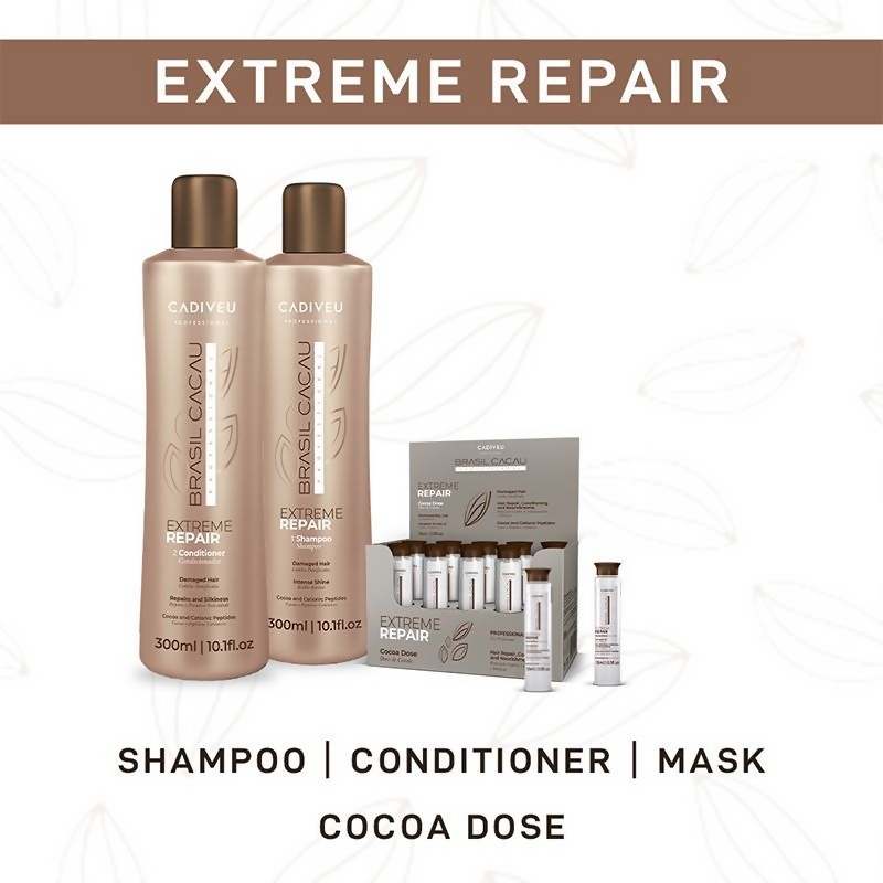 Cadiveu Brasil Cacau Extreme Repair Shampoo and Conditioner set, featuring creamy formulas for nourishing and repairing damaged hair.
