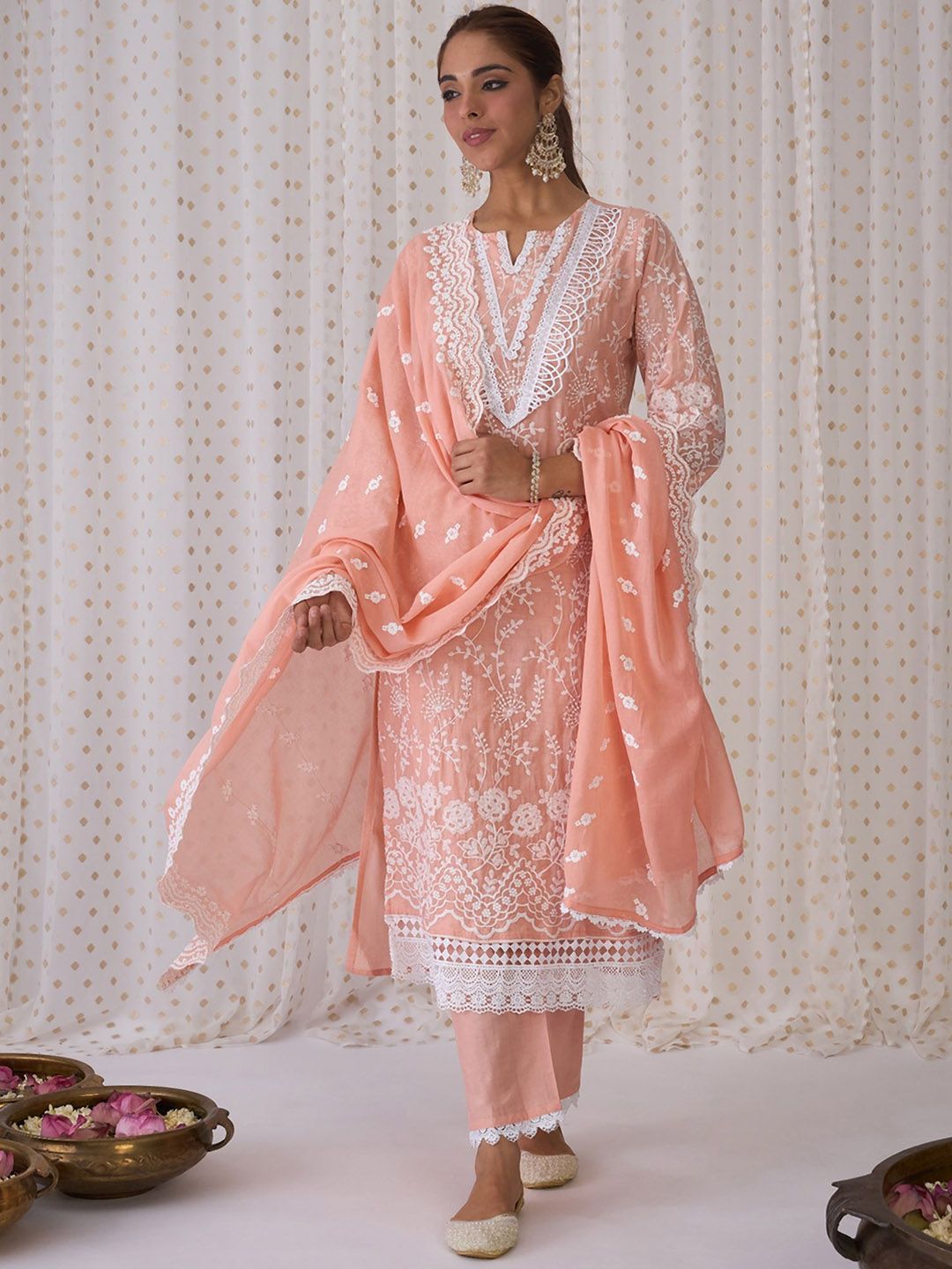 Floral Embroidered Pure Cotton Straight Kurta With Trousers & Dupatta