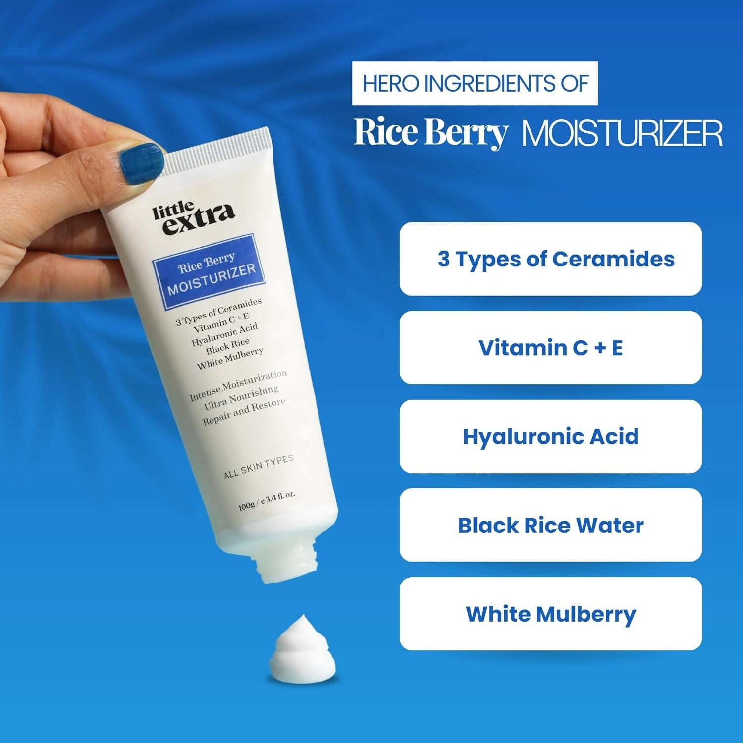 Little Extra Rice Berry Face Moisturizer in a jar, showing its creamy texture and brightening, lightweight formula for glowing skin.
