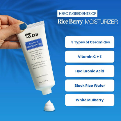 Little Extra Rice Berry Face Moisturizer in a jar, showing its creamy texture and brightening, lightweight formula for glowing skin.
