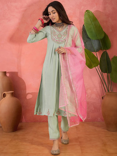Indyancart SN Women's Floral Yoke Design V-Neck Pleated Sequinned A-Line Kurta With Trousers & Dupatta