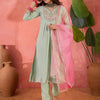 Dhiyona SN Women's Floral Yoke Design V-Neck Pleated Sequinned A-Line Kurta With Trousers & Dupatta