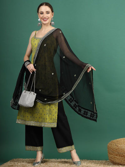 Indyancart SN Women's Green Bandhani Embroidered Shoulder Straps Sequinned Kurta With Palazzo & Dupatta