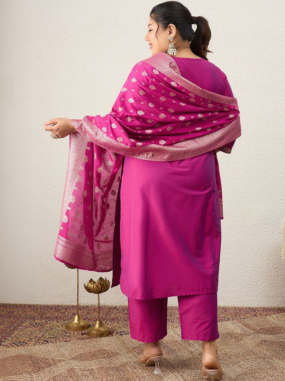 Indyancart Women's Ethnic Motifs Embroidered Regular Kurta with Trousers & With Dupatta