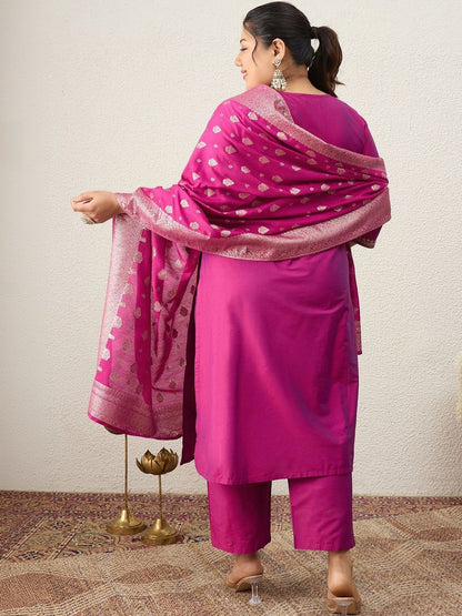 Indyancart Women's Ethnic Motifs Embroidered Regular Kurta with Trousers & With Dupatta
