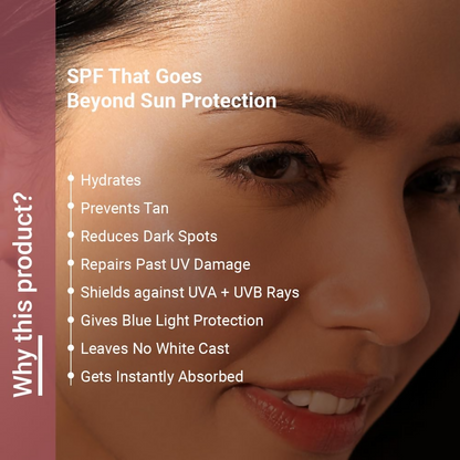 Neude Sunstoppable Sunscreen with SPF 45 PA+++ showing the tube and application on a person's hand, no white cast visible.