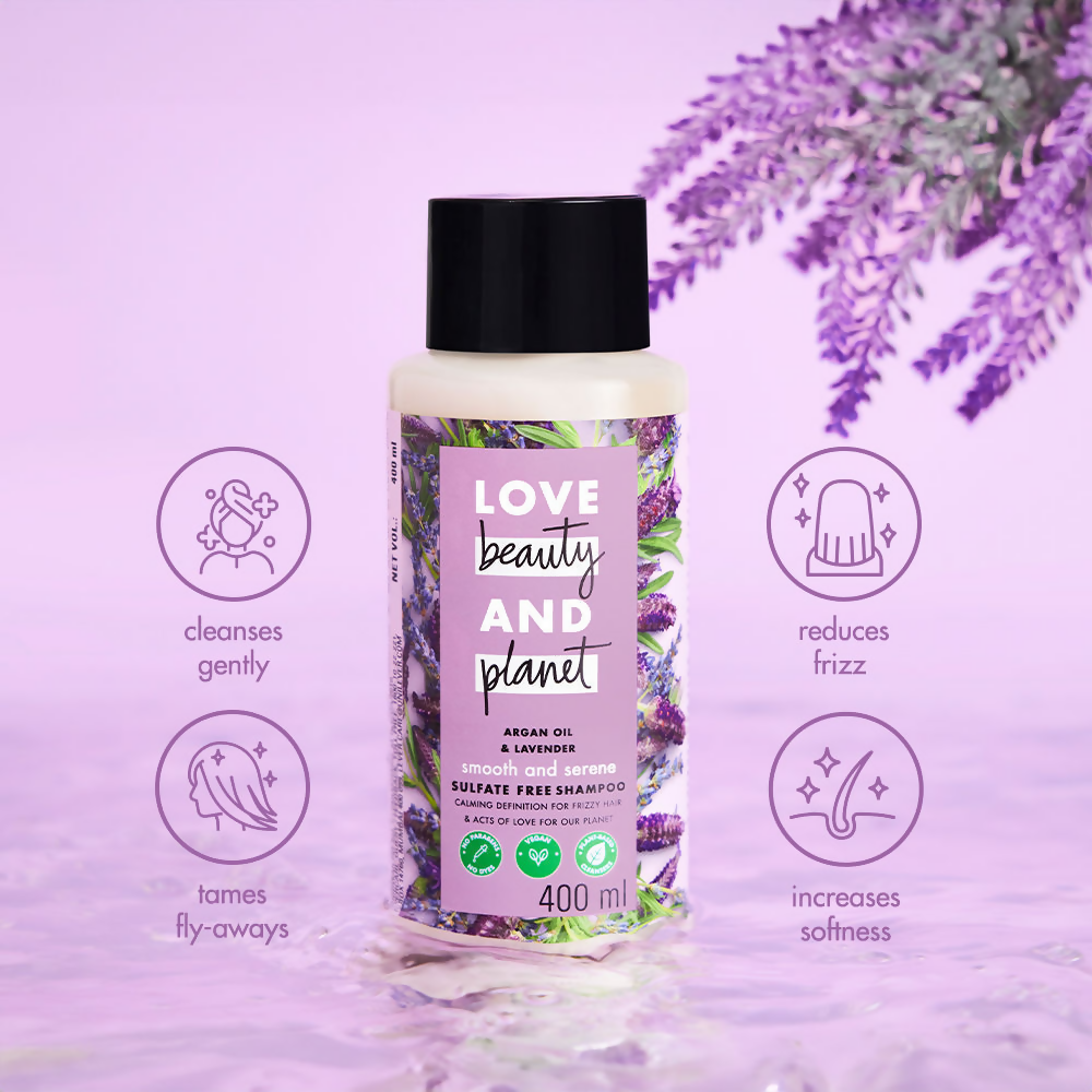 Love Beauty and Planet argan oil and lavender sulfate-free shampoo for dry and frizzy hair, with a bottle and product label visible.