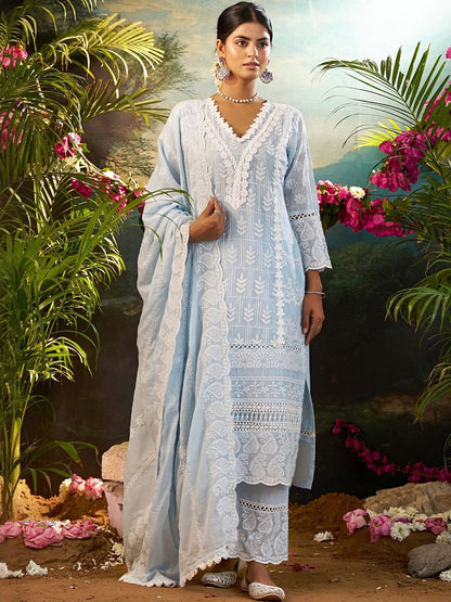 Women Ethnic Motifs Embroidered Regular Chikankari Pure Cotton Kurta with Trousers & With Dupatta