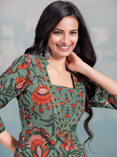 Indyancart VA Women's Floral Printed Regular Kurta with Trousers & With Dupatta