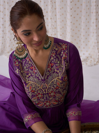 Indyancart IE Women Ethnic Motifs Embroidered Anarkali Kurta with Trousers & Dupatta