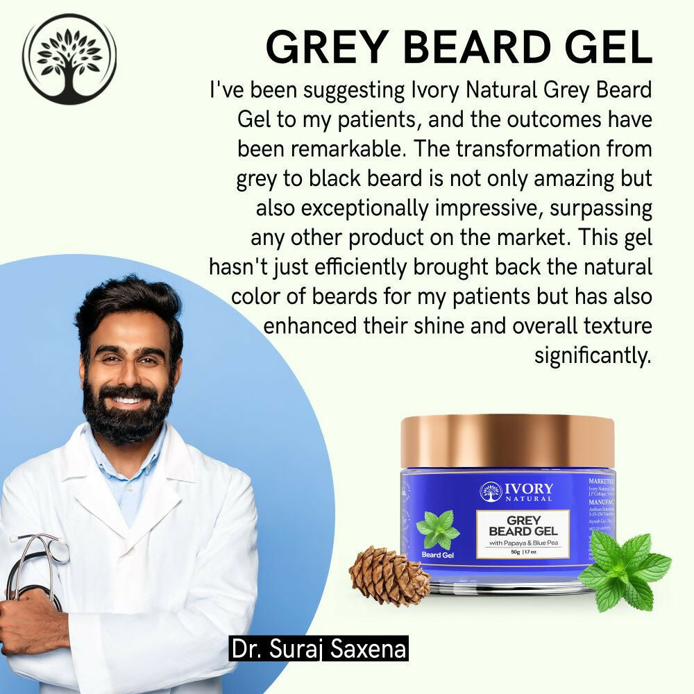Ivory Natural beard gel and cream with a natural grey tone, restoring dark shine and vibrancy to gray beards.