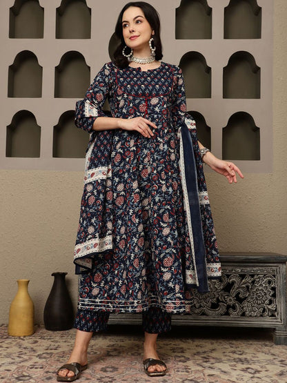 Indyancart SN Women's Navy Blue Floral Printed Pure Cotton Anarkali Kurta With Trousers & Dupatta