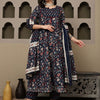 Indyancart SN Women's Navy Blue Floral Printed Pure Cotton Anarkali Kurta With Trousers & Dupatta