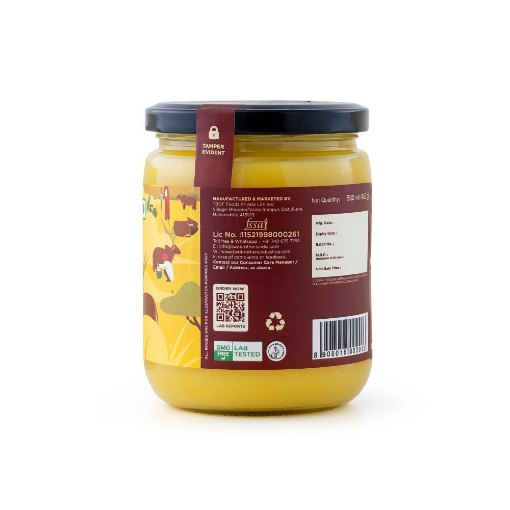 Two Brothers Organic Farms A2 cow ghee butter made from organic grass-fed Gir cows, showing a jar of ghee with a golden color.