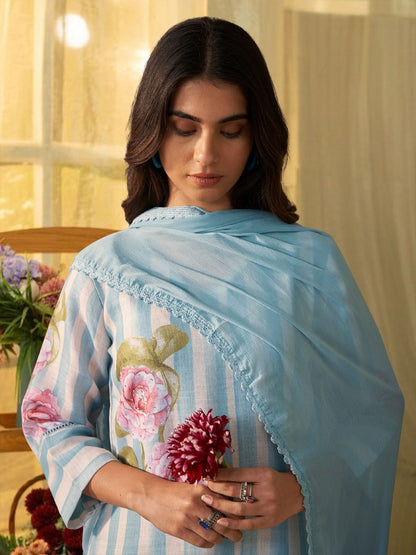 Women Printed Regular Linen Kurta with Trousers & With Dupatta