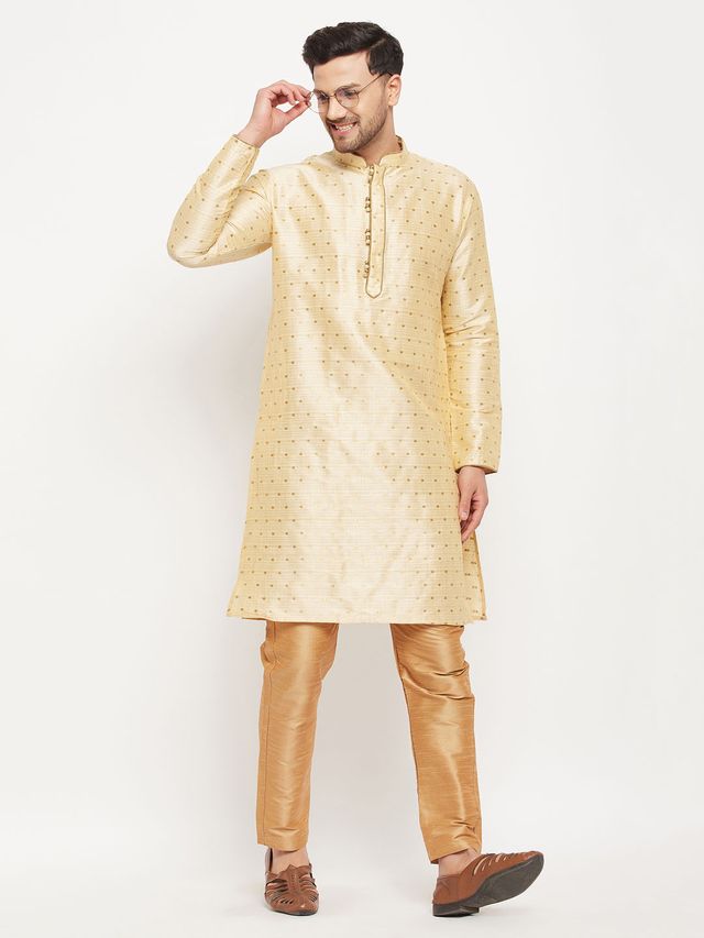 Men's Gold Silk Blend Straight Kurta Pyjama Set