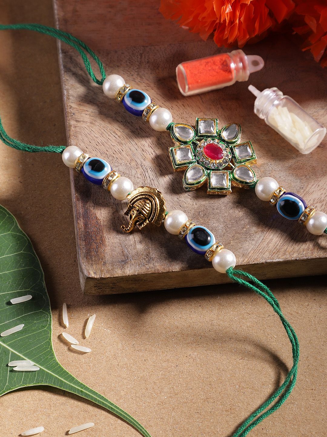 Anouk Unisex Set of 2 Beaded Bhai Bhabhi Rakhis With Roli & Chawal
