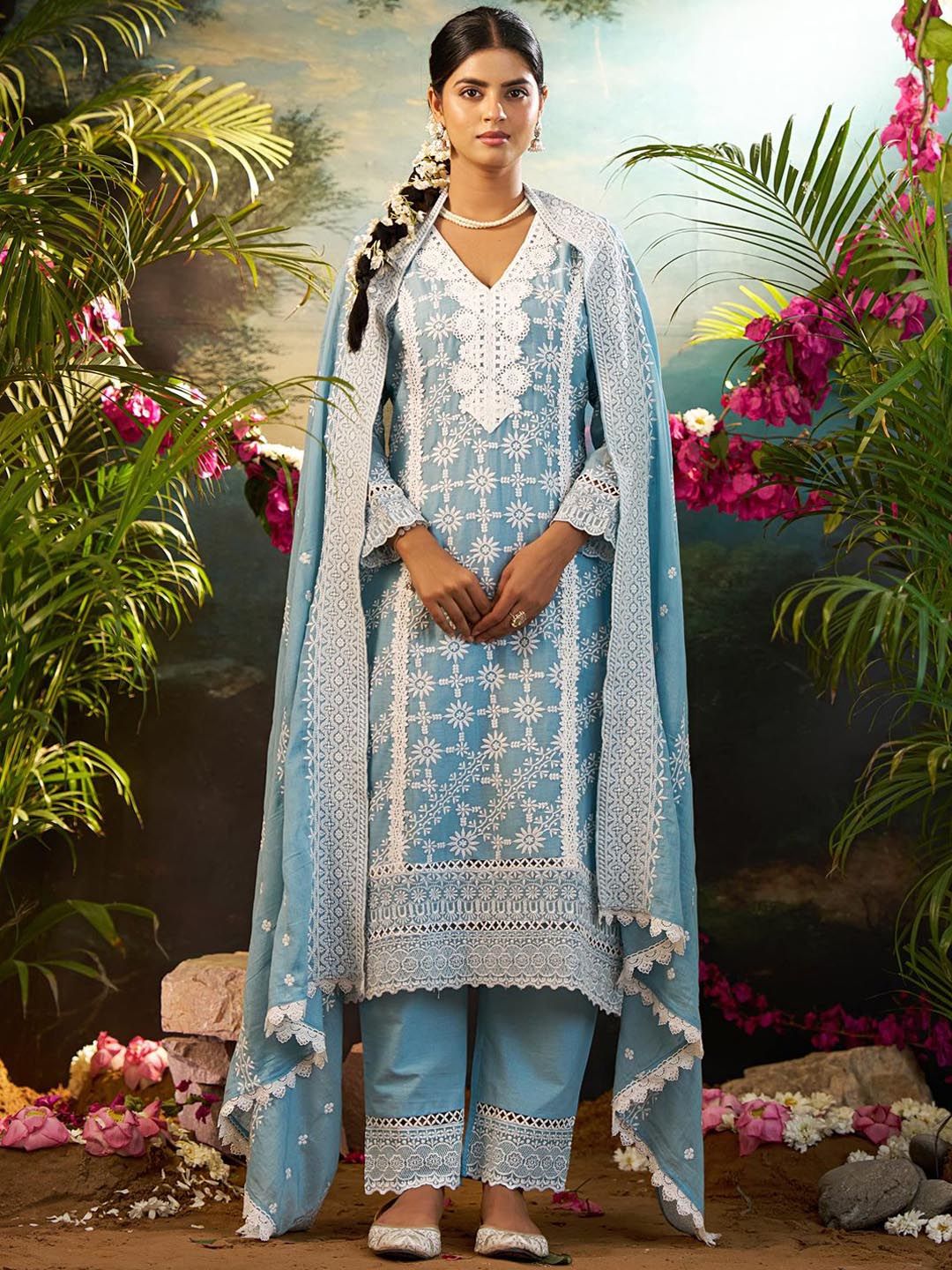 Women Ethnic Motifs Embroidered Cotton Kurta with Trousers & Dupatta
