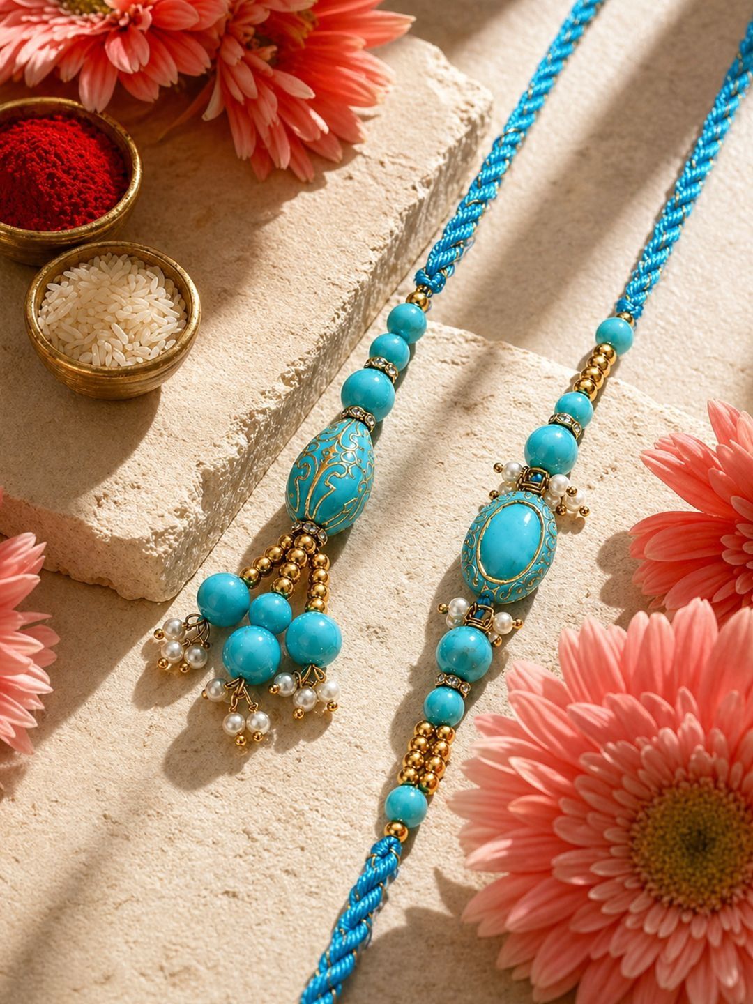 Anouk Set Of 2 Turquoise Blue Artificial Beads Bhaiya Bhabhi Rakhi