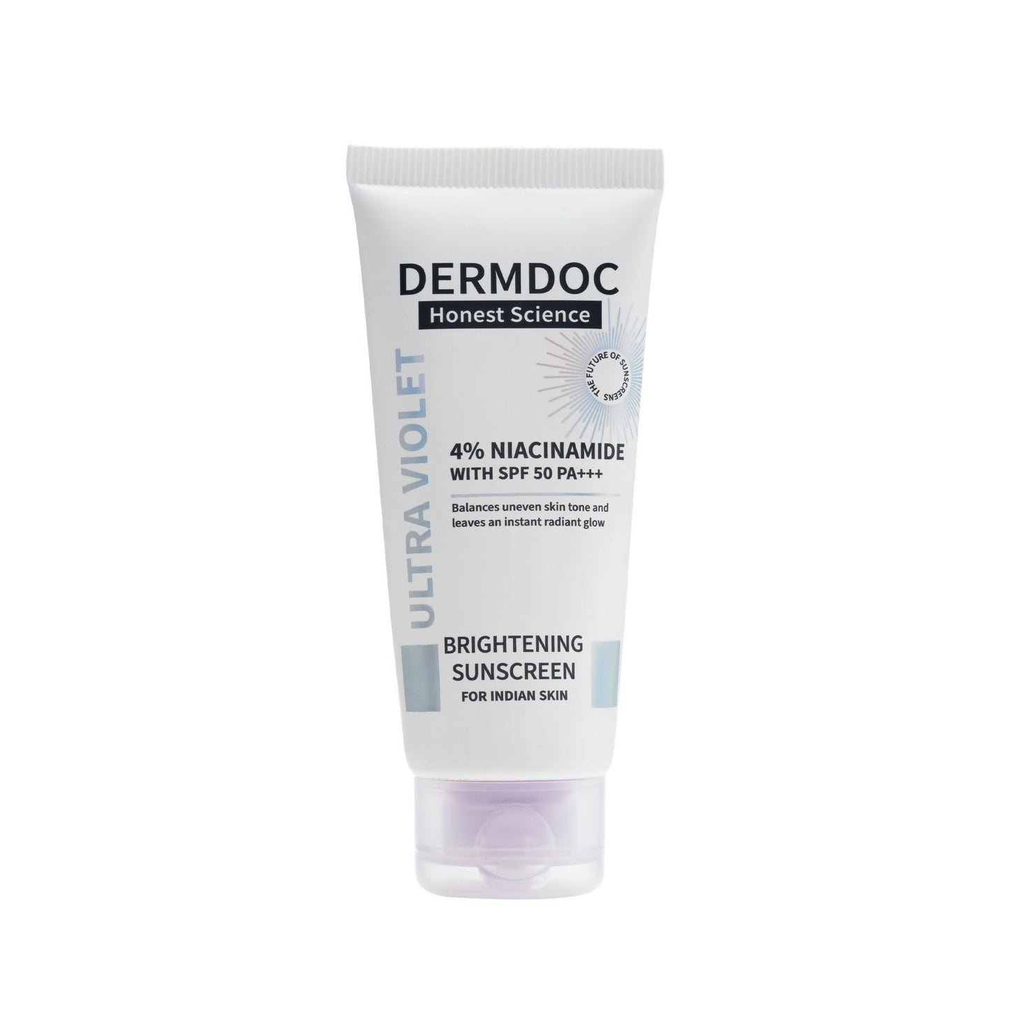 Dermdoc 4% Niacinamide SPF 50 PA+++ brightening sunscreen with smooth lotion texture and protective packaging.