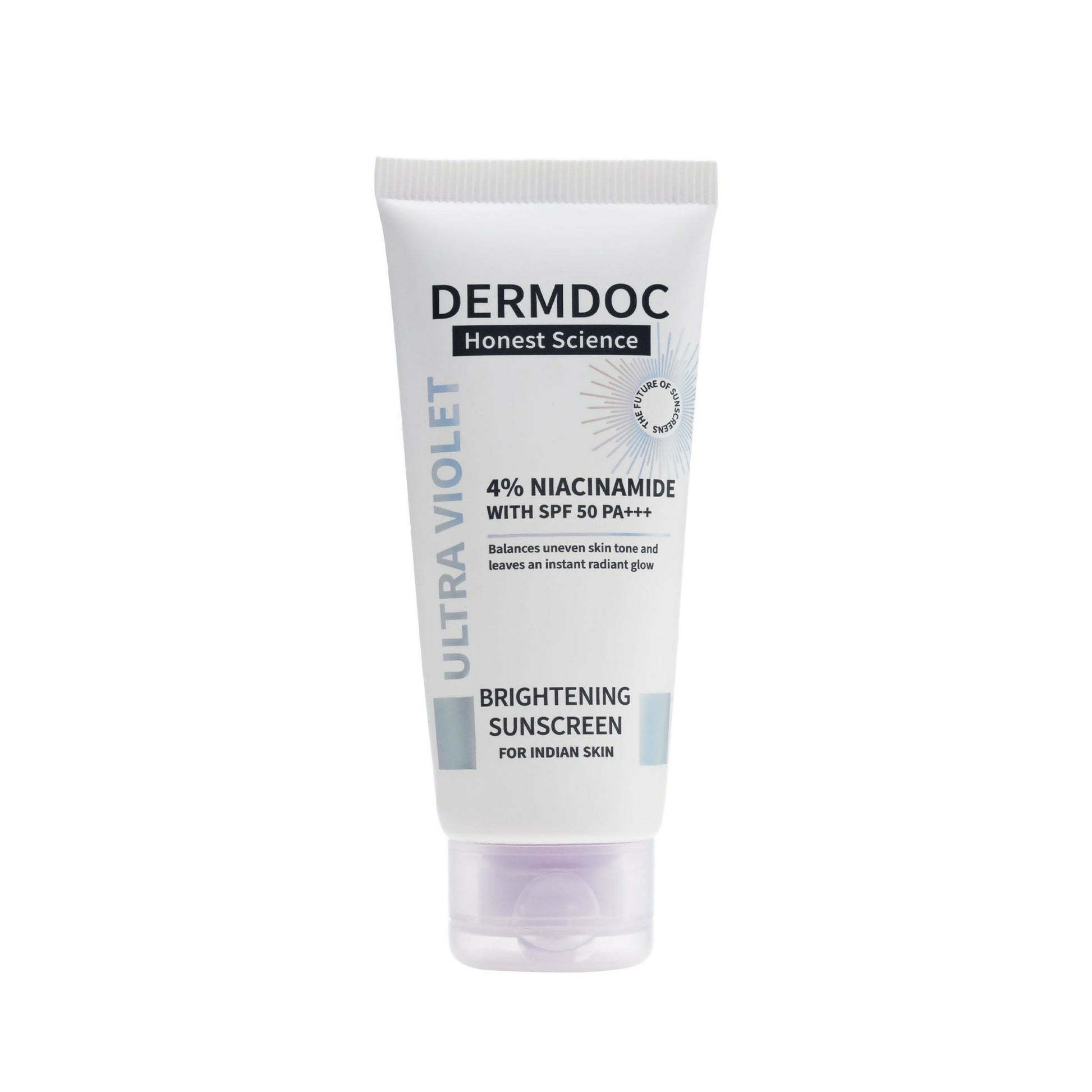 Dermdoc 4% Niacinamide SPF 50 PA+++ brightening sunscreen with smooth lotion texture and protective packaging.